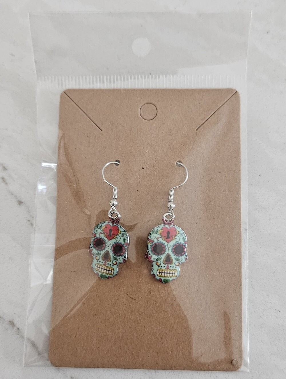 Day of the Dead Sugar Skull Dangle Earrings - Teal Accents